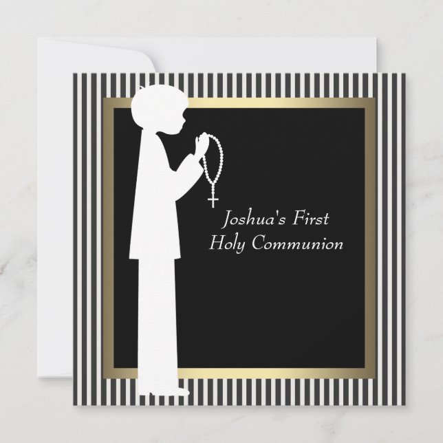Black White Stripe Rosary Boys First Communion Invitation (Front)