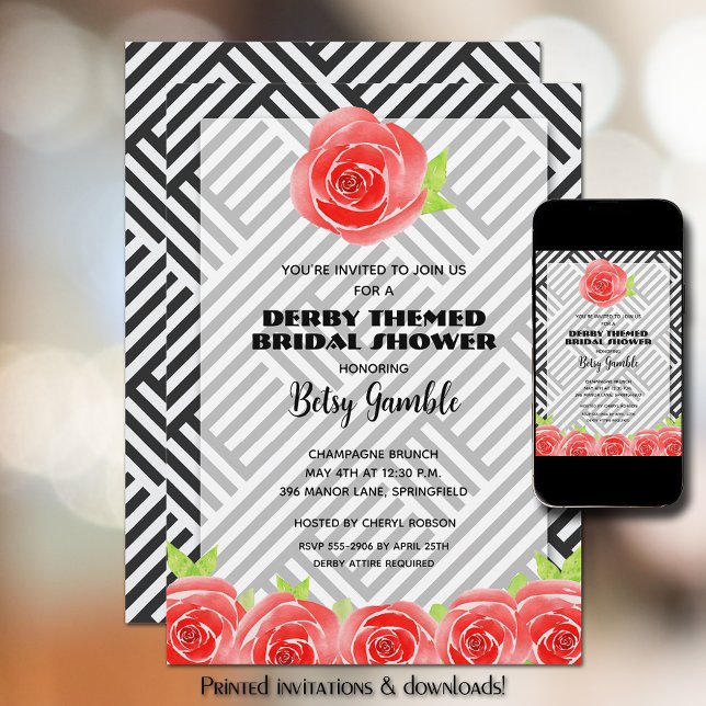 Black White Stripe Rose Derby Bridal Shower Invitation (Creator Uploaded)