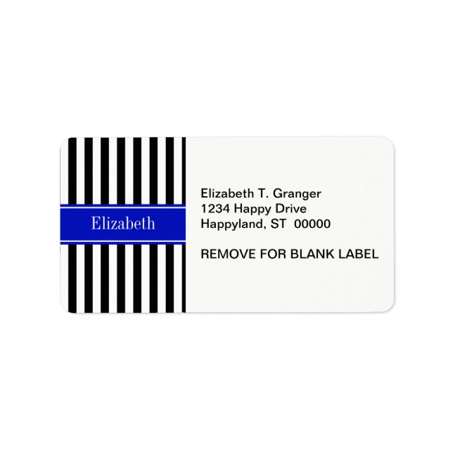 Black White Stripe Royal Blue Ribbon Name Monogram Label (Front)