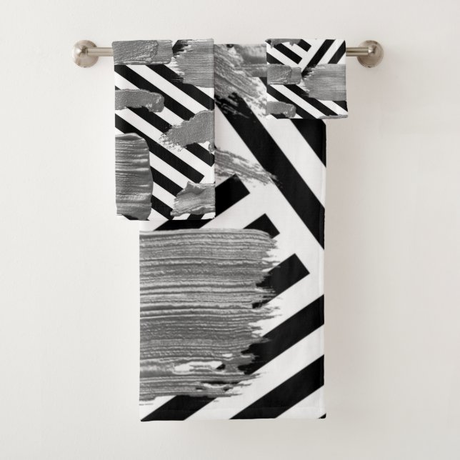 Black & White Stripe Silver Bathroom Towel Sets (Insitu)