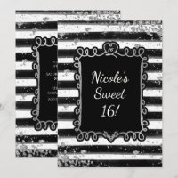 Black & White Stripe Silver Flake Party Invitation