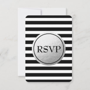 Black & White Stripe Silver Foil Wedding RSVP Card