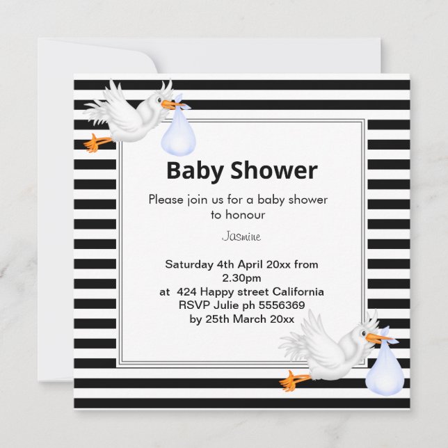 Black & White stripe Spot Stork baby shower Invitation (Front)
