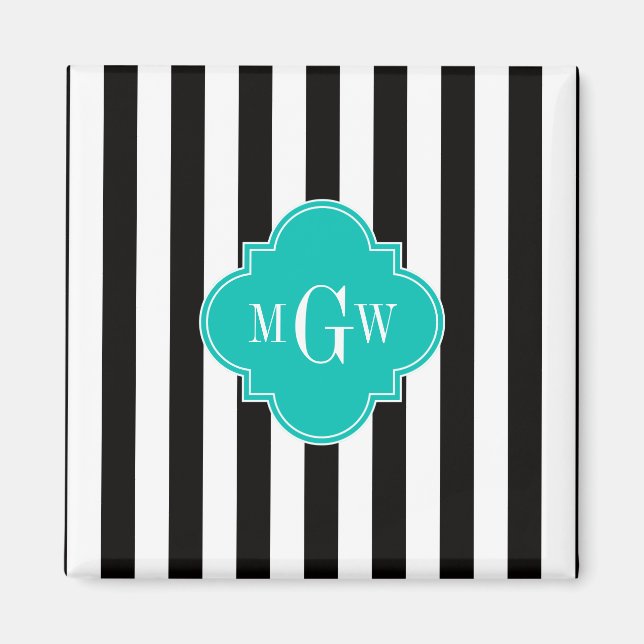 Black White Stripe Teal Quatrefoil 3 Monogram Magnet (Front)