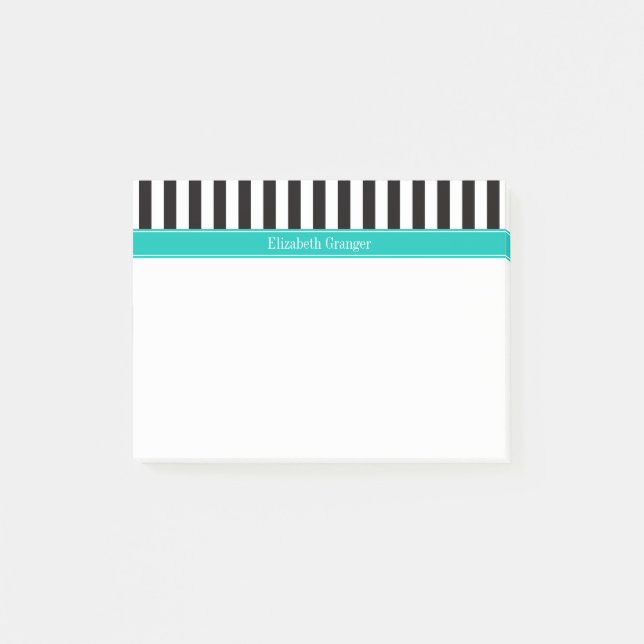 Black White Stripe Teal Ribbon Name Monogram Post-it Notes (Front)