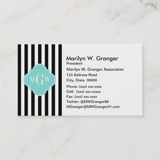 Black White Stripe Turquoise Quatrefoil 3 Monogram Business Card (Front)