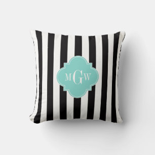 Black White Stripe Turquoise Quatrefoil 3 Monogram Cushion