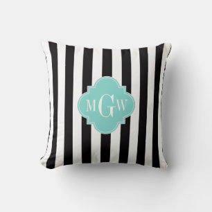 Black White Stripe Turquoise Quatrefoil 3 Monogram Cushion