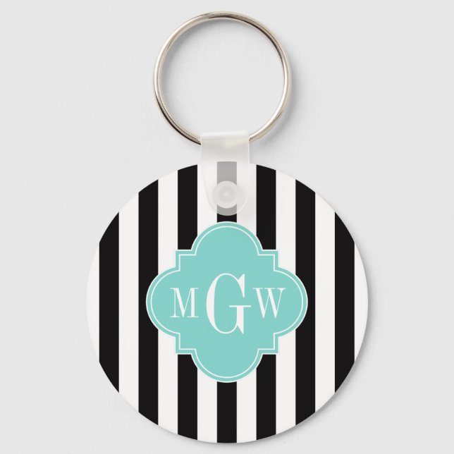 Black White Stripe Turquoise Quatrefoil 3 Monogram Key Ring (Front)