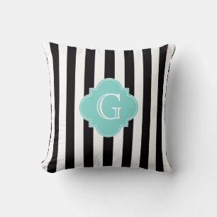 Black White Stripe Turquoise Quatrefoil Monogram Cushion