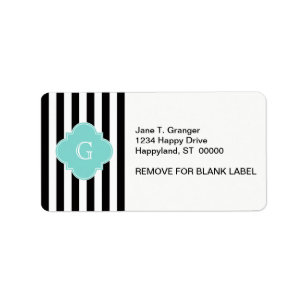 Black White Stripe Turquoise Quatrefoil Monogram Label
