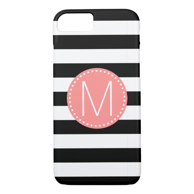 Black & White Stripe with Coral Monogram Case-Mate iPhone Case (Back)