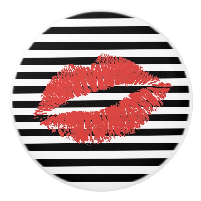 Black & White Stripe with Red Lips Drawer Pull (Front)