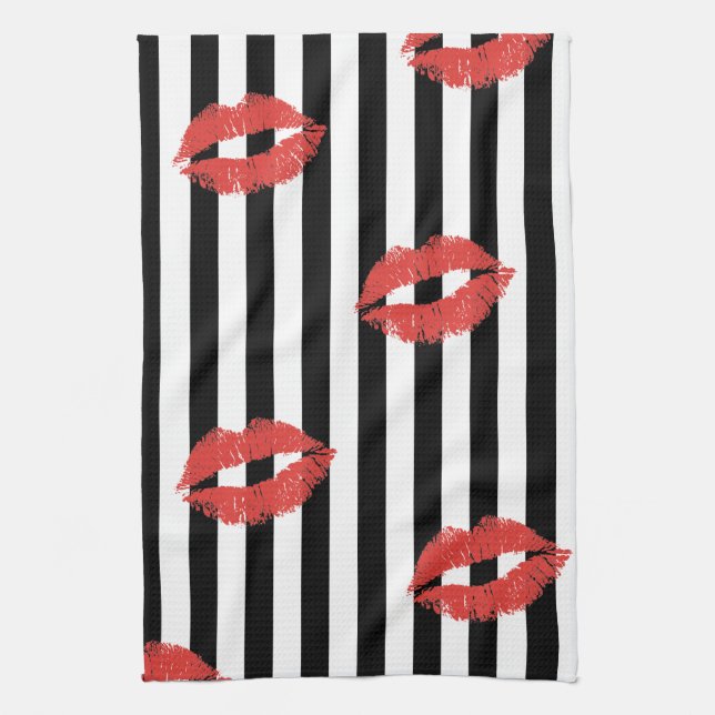 Black & White Stripe with Red Lips Kitchen Towel (Vertical)
