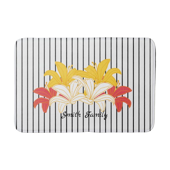  Black White Stripe Yellow Orange Lily Bath Mat (Front)
