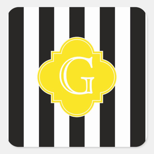 Black White Stripe Yellow Quatrefoil Monogram Square Sticker (Front)