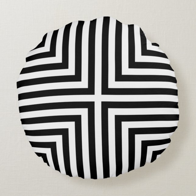 Black & White Striped Angular Box Repeat Pattern Round Cushion (Back)