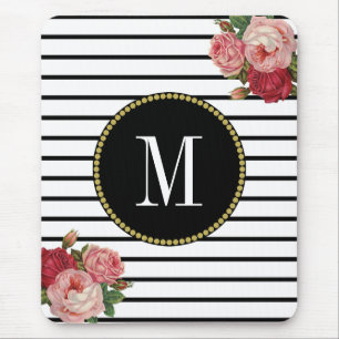 Black White Striped Antique Boho Floral Monogram Mouse Pad