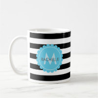 Black, White, striped  Blue flower monogram name.