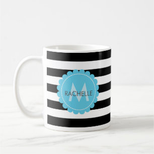 Black, White, striped  Blue flower monogram name. Coffee Mug