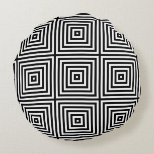 Black & White Striped Box Repeat Pattern Round Cushion