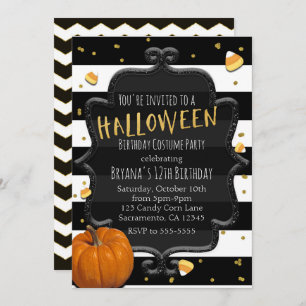 Black & White Striped Candy Corn Halloween Party Invitation