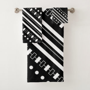 Black White Striped Dotted Rectangle Pattern Bath Towel Set