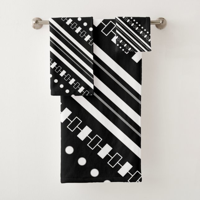 Black White Striped Dotted Rectangle Pattern Bath Towel Set (Insitu)