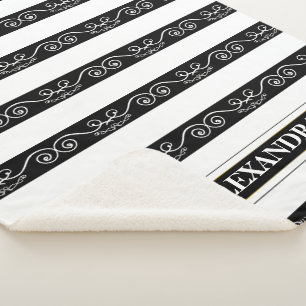 Black White striped elegant monogram design Sherpa Blanket