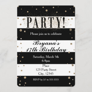 Black White Striped Faux Glitter PARTY Invitation