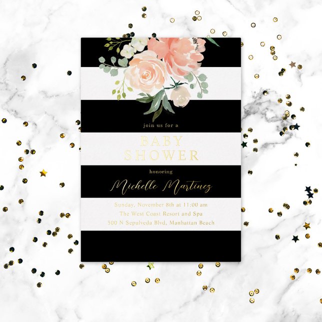 Black White Striped Floral Baby Shower Gold (Creator Uploaded)