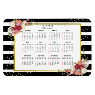 Black White Striped Floral Gold   2022 Calendar Magnet