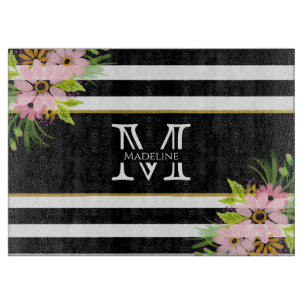 Black White Striped Floral Gold   Monogram Cutting Board