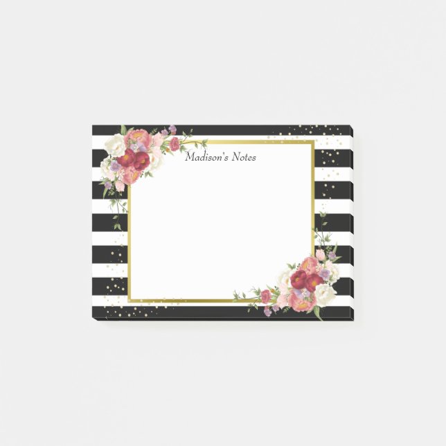 Black White Striped Floral Gold | Personalised Post-it Notes (Front)