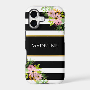 Black White Striped Floral Gold   Stylish
