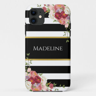 Black White Striped Floral Gold   Stylish iPhone 11 Case