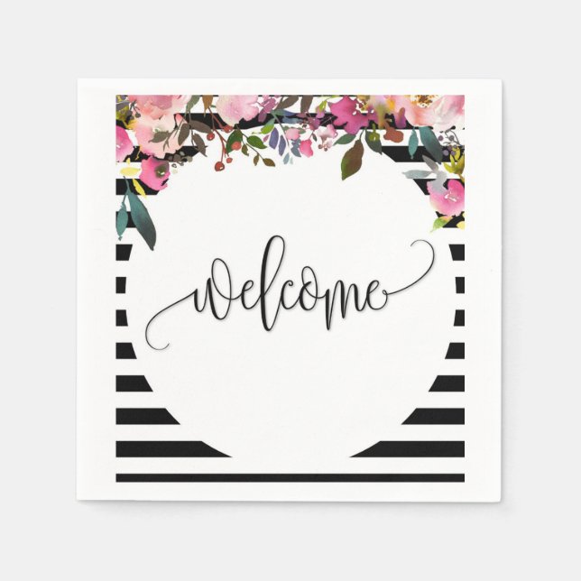 Black + White Striped Floral Paper Cocktail Napkin (Front)