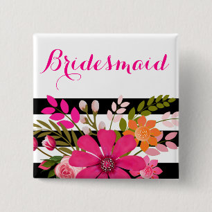 Black White Striped Flowers Bridesmaid   fuchsia 15 Cm Square Badge