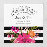 Black White Striped Flowers Save the Date fuchsia