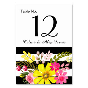 Black & White Striped Flowers Table Card   yellow