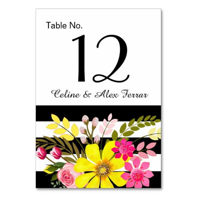 Black & White Striped Flowers Table Card | yellow (Front)