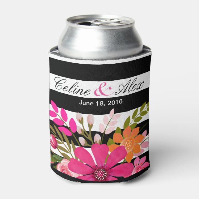 Black & White Striped Folklore Flowers | fuchsia Can Cooler (Can Front)