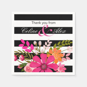 Black & White Striped Folklore Flowers   fuchsia Napkin