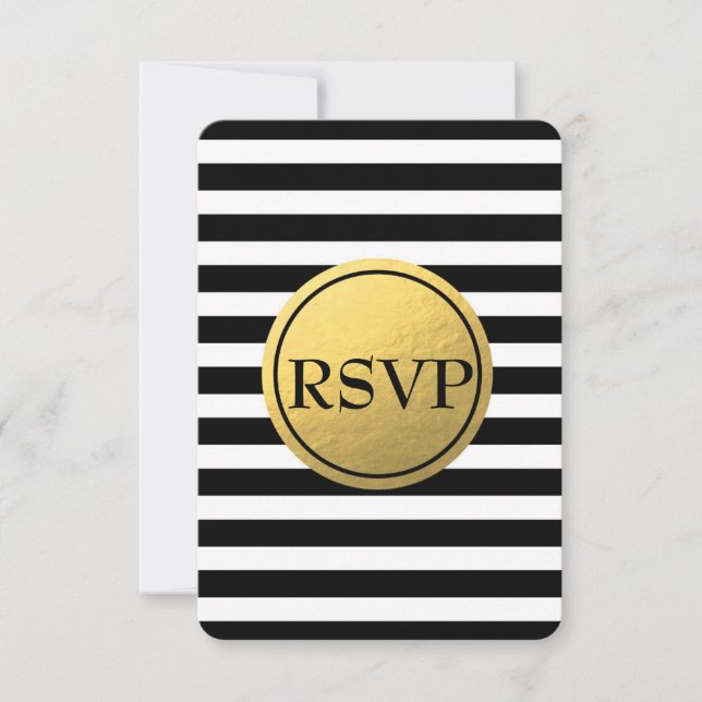 Black & White Striped Gold Foil Wedding RSVP Card (Front)