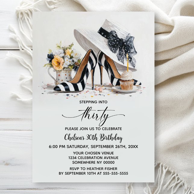 Black White Striped High Heel Shoes 30th Birthday Invitation (Creator Uploaded)