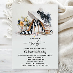 Black White Striped High Heel Shoes 60th Birthday Invitation