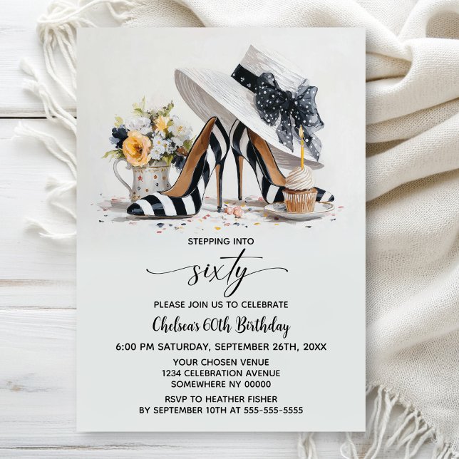 Black White Striped High Heel Shoes 60th Birthday Invitation (Creator Uploaded)