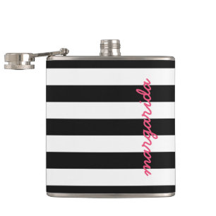 Black White Striped Hot Pink Personalised Name Hip Flask