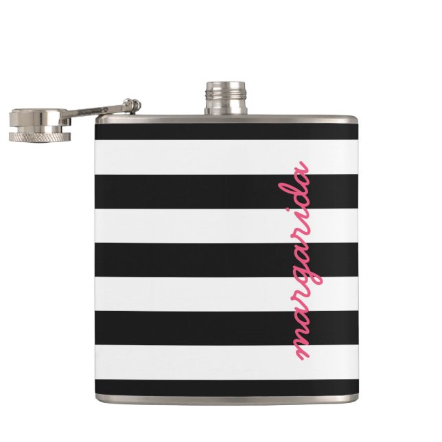 Black White Striped Hot Pink Personalised Name Hip Flask (Opened)