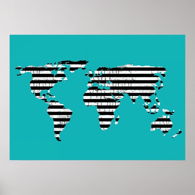 black white striped map turquoise poster (Front)